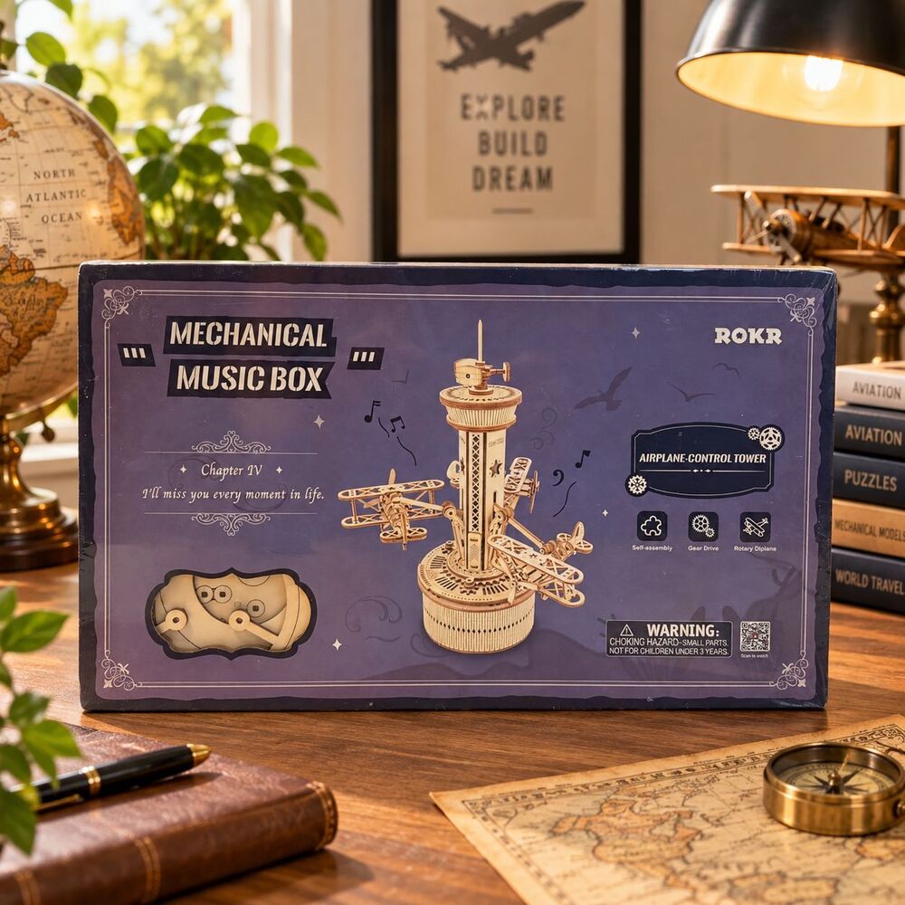 ROKR Airplane Control Tower Mechanical Music Box 3D Wooden Puzzle AMK41 Sealed